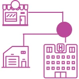 Multi location digital signage network icon chain connection