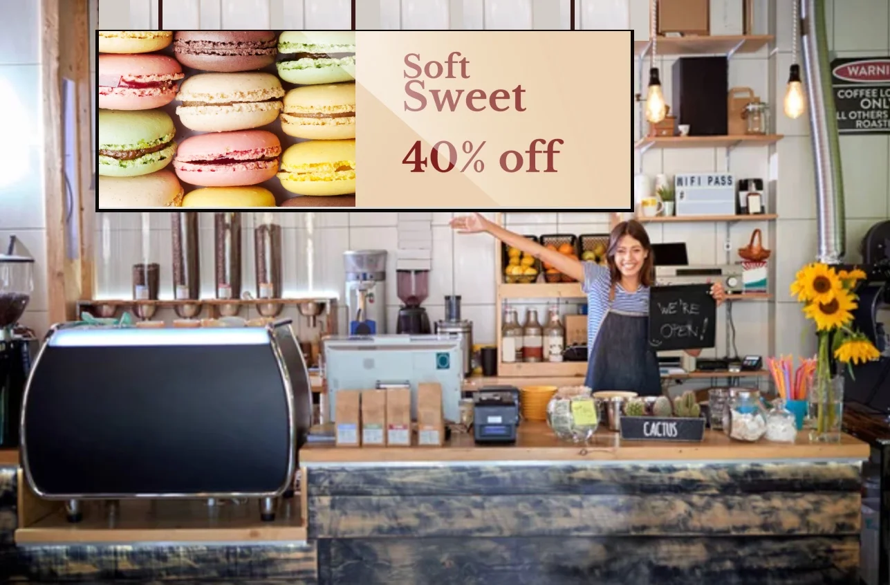 Digital signage in cafe promoting dessert discount with macarons and 40 percent off offer