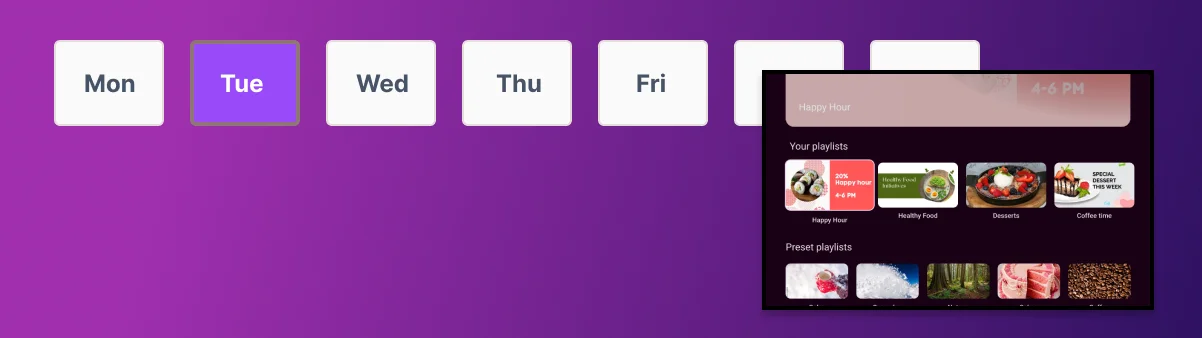 Digital signage scheduling dashboard with weekly content management and playlists