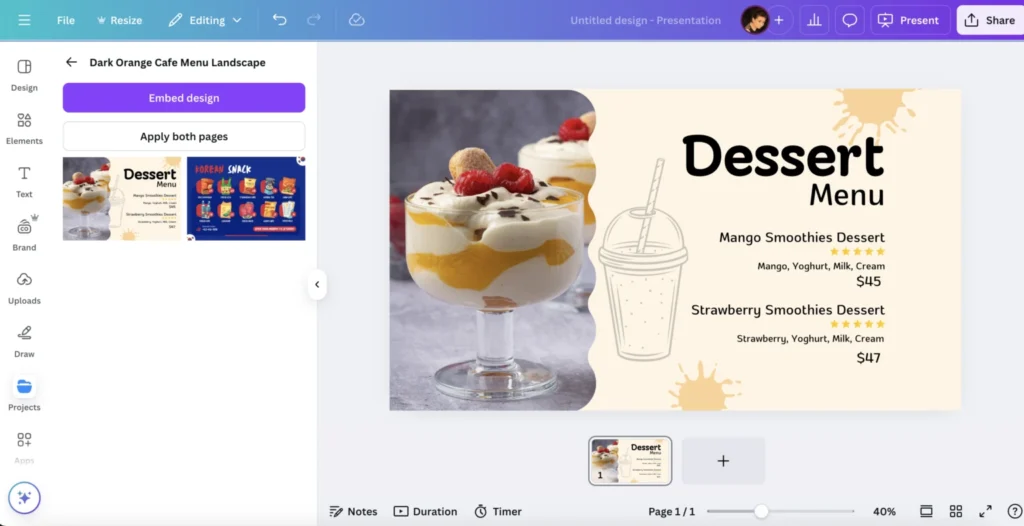 Dessert menu design created for digital signage using design tools