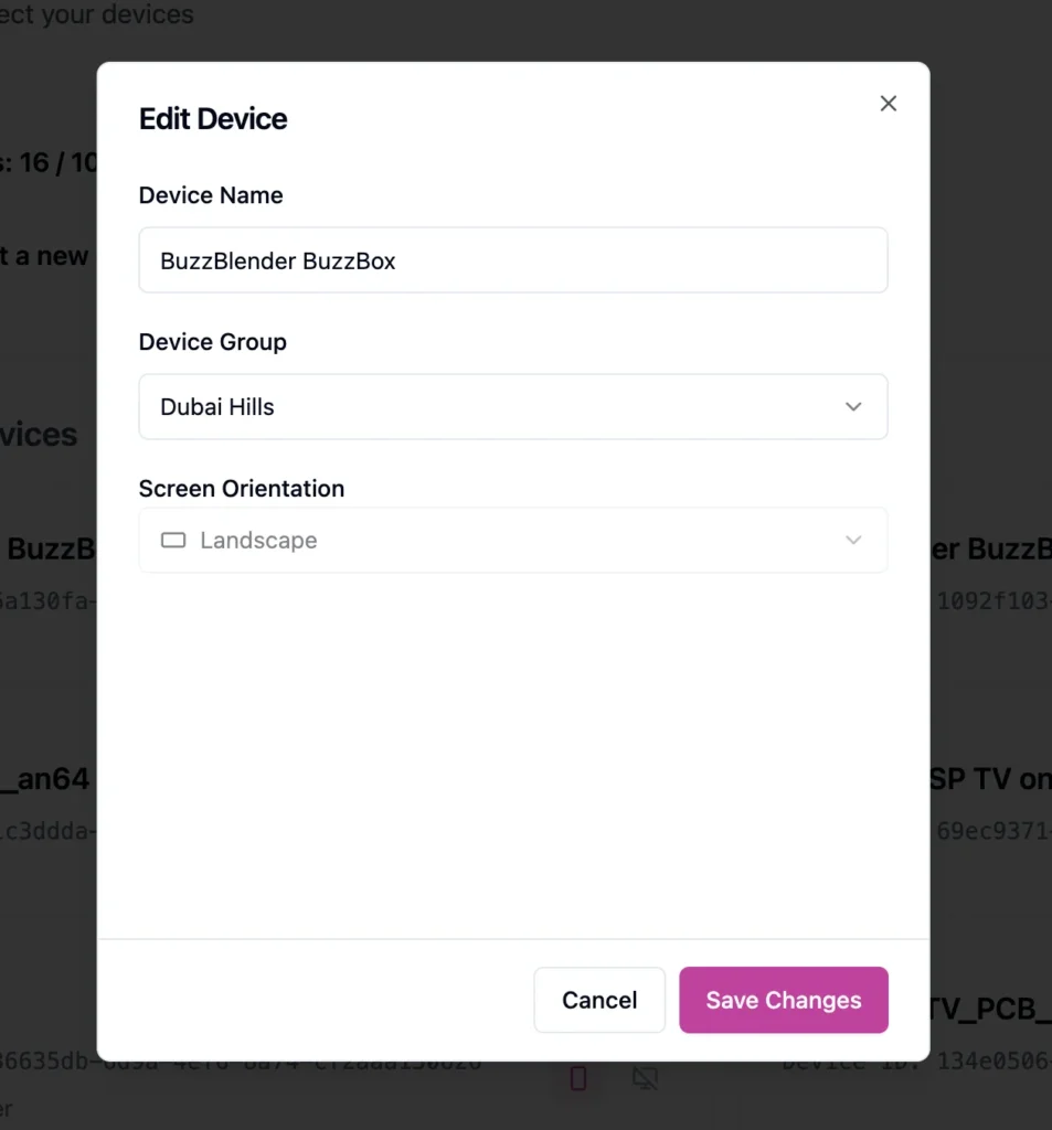 Digital signage device settings and screen configuration panel