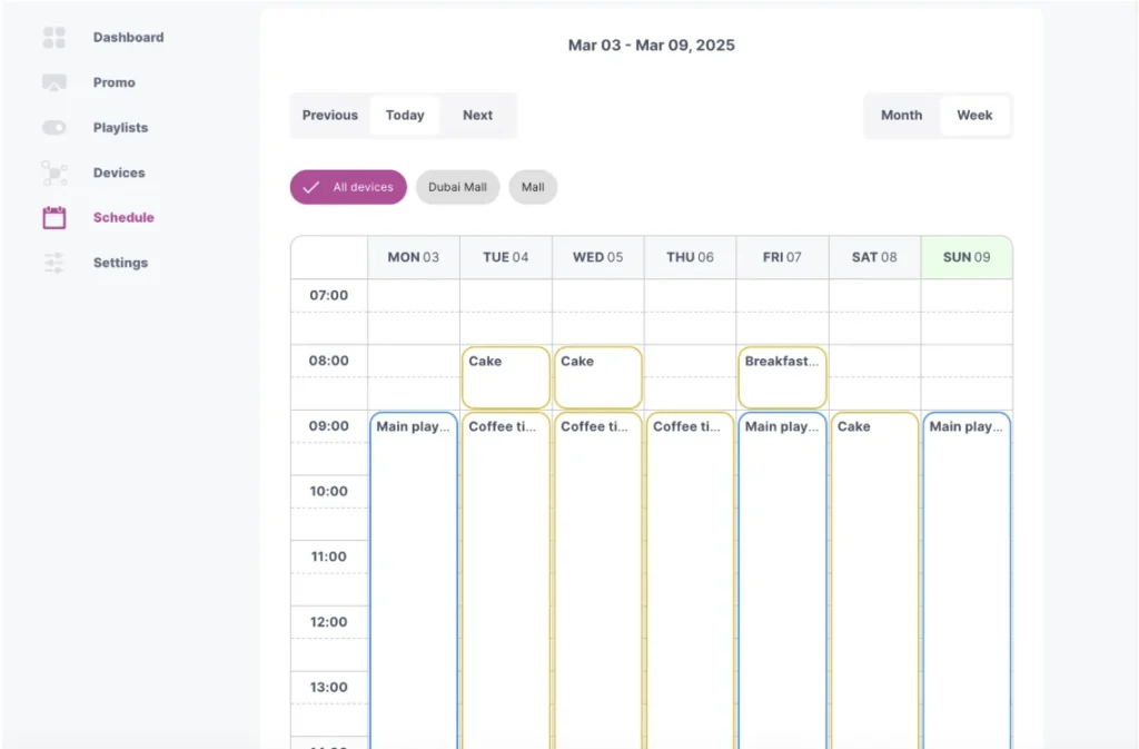 Digital signage schedule view with content planning and device groups