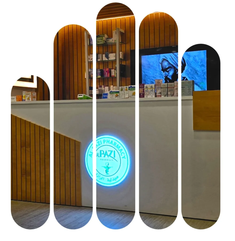 Pharmacy interior with digital signage display in retail space