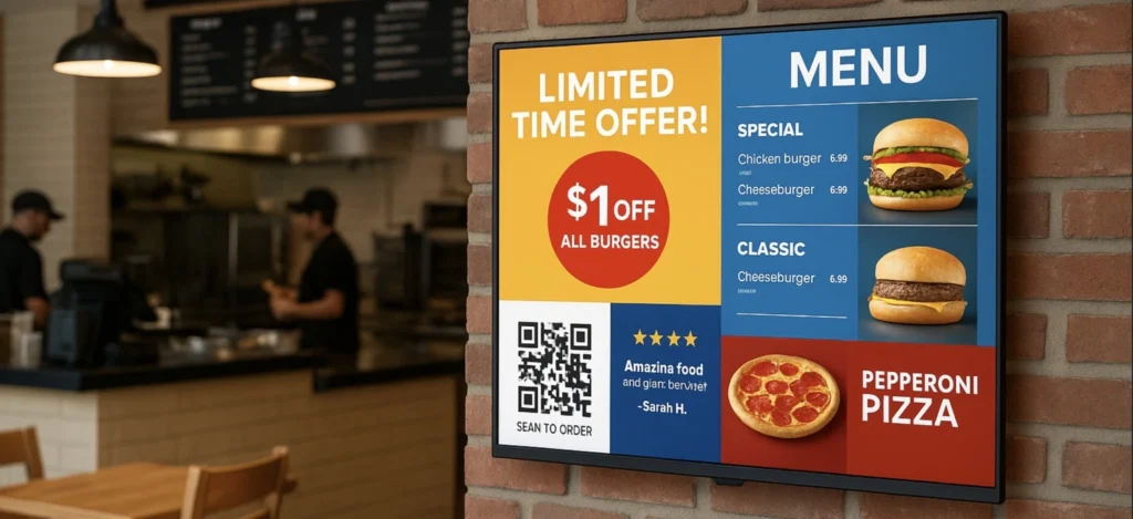 Restaurant digital signage screen showing menu and limited time offer promotion