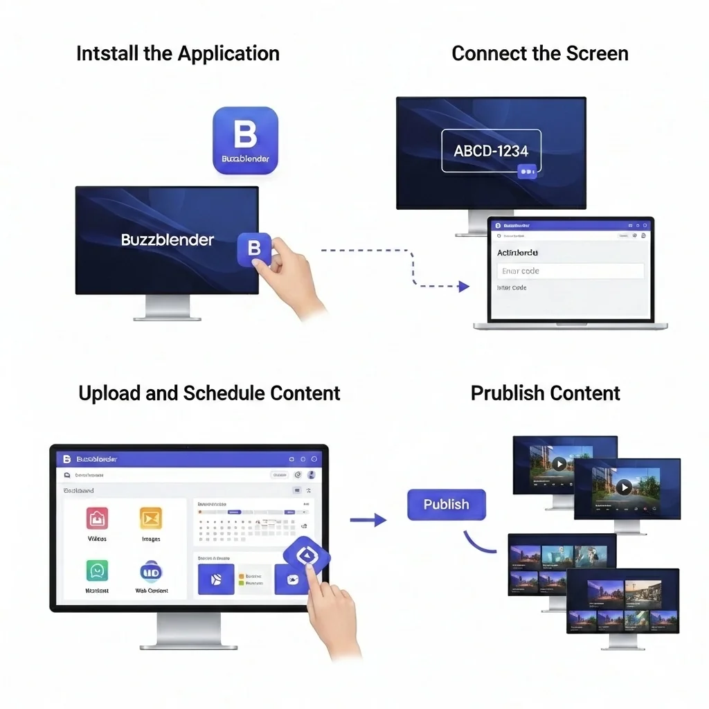 BuzzBlender digital signage workflow install connect upload and publish