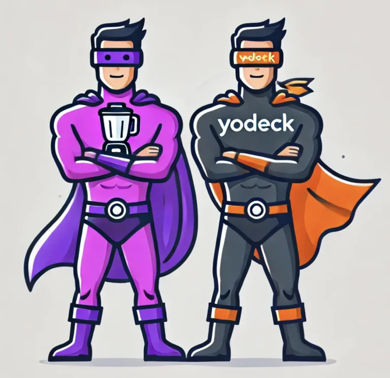 Buzzblender vs yodeck digital signage comparison illustration superheroes