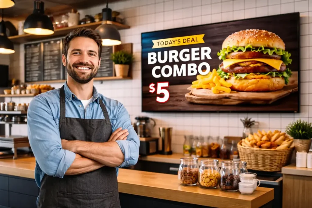 Digital signage burger promotion displayed on Philips TV in café