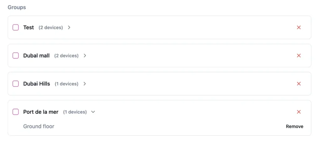 Digital signage device groups management dashboard with screen locations and device counts