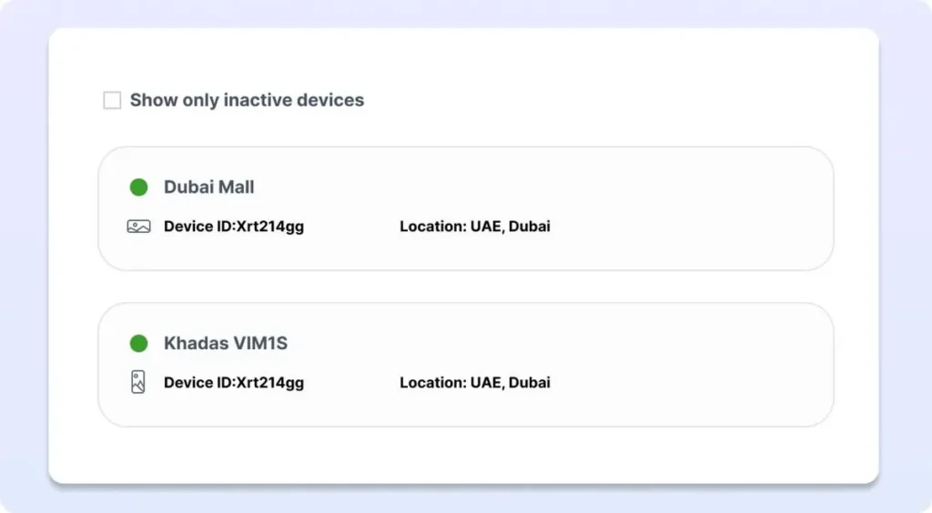Digital signage device management dashboard showing connected screens and locations