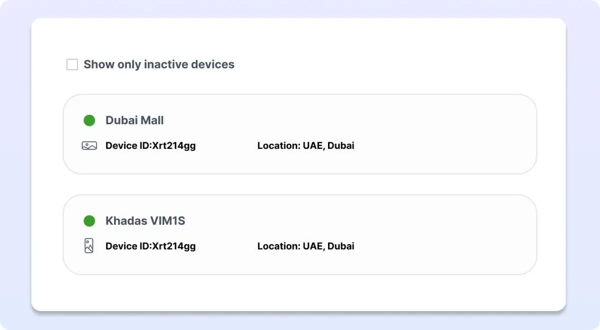 Digital signage device management dashboard showing connected screens and locations