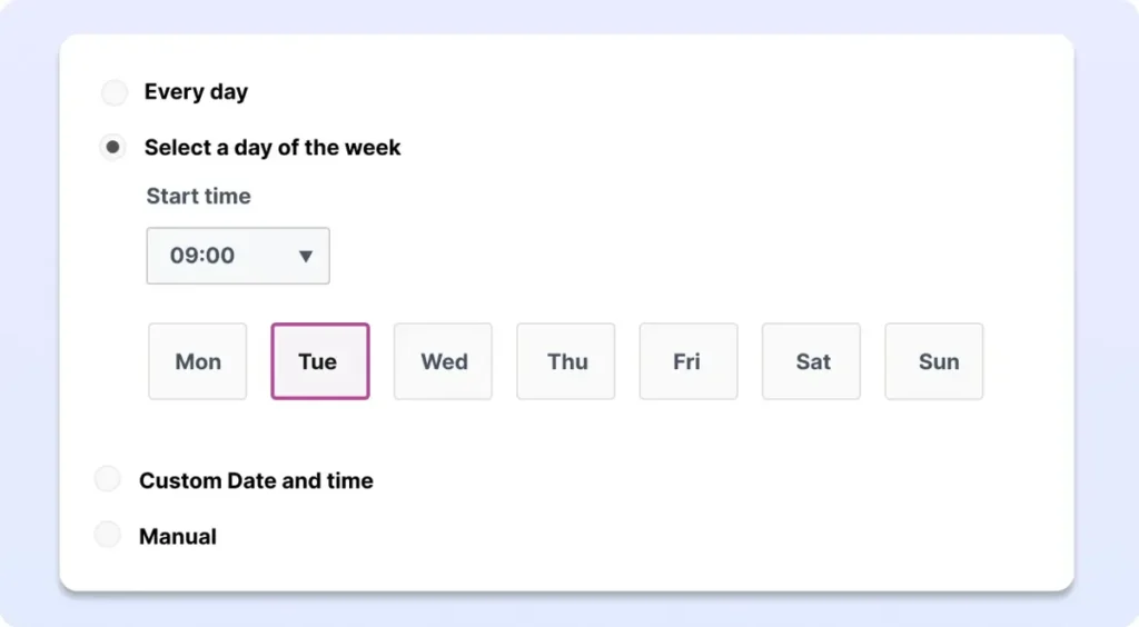 Digital signage playlist scheduling settings with time and day selection