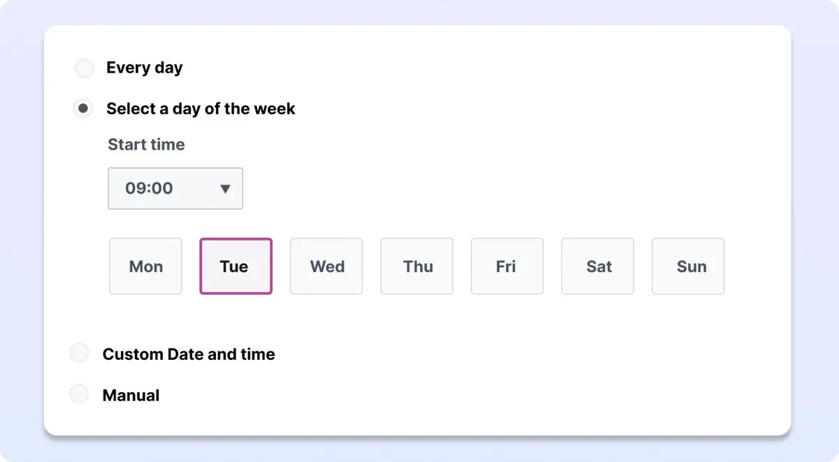 Digital signage playlist scheduling settings with time and day selection