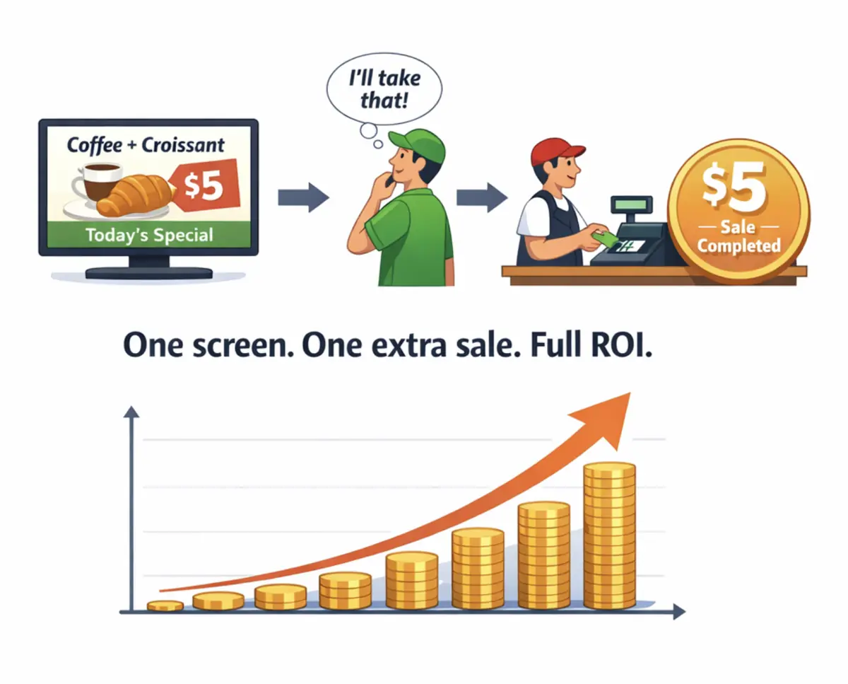 Digital signage increasing sales with promotional screen and ROI growth chart