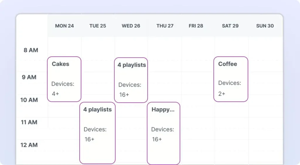 Digital signage scheduling calendar dashboard with playlists and time slots