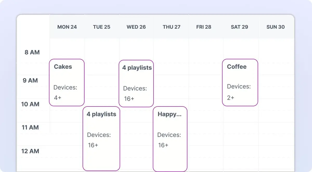 Digital signage scheduling calendar dashboard with playlists and time slots