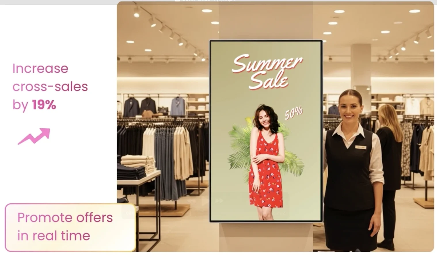 Retail store using digital signage to promote seasonal offers, demonstrating real-time content updates and cross-selling opportunities in modern environments.