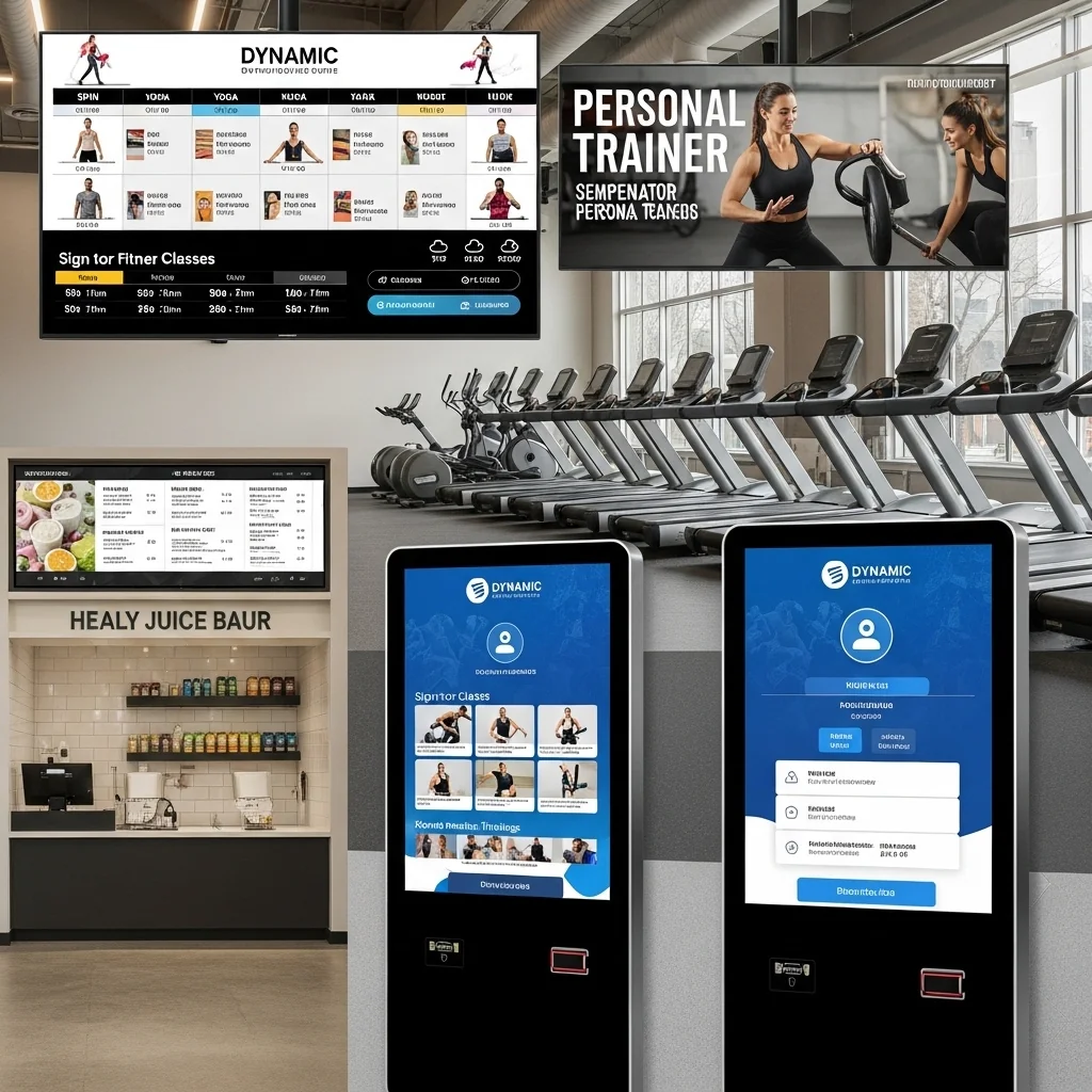 Fitness center with digital signage screens and interactive kiosk for users