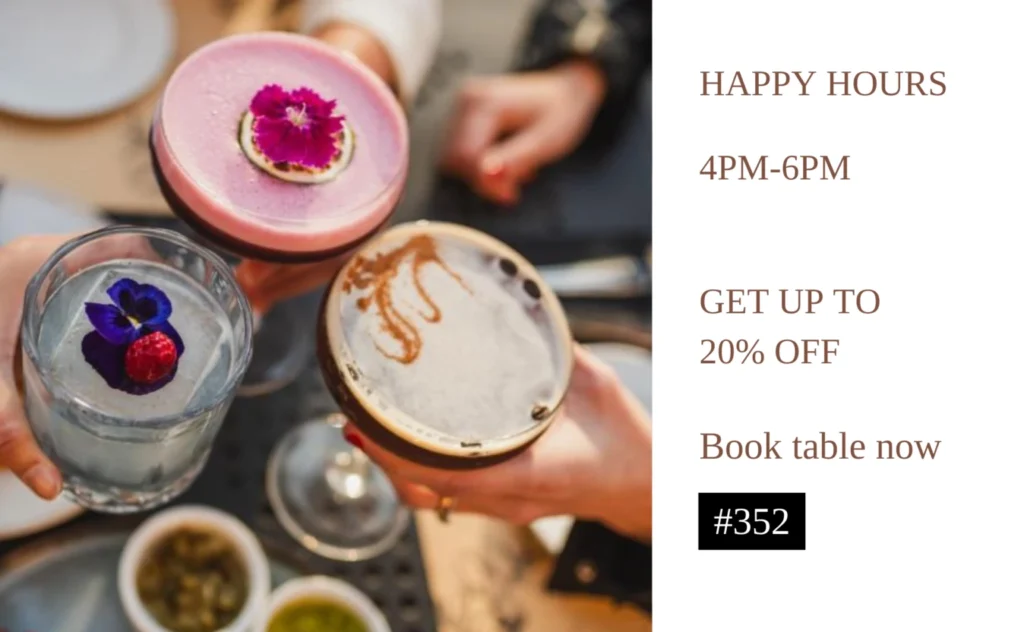 Hotel Digital Signage screen promoting happy hours and special offers