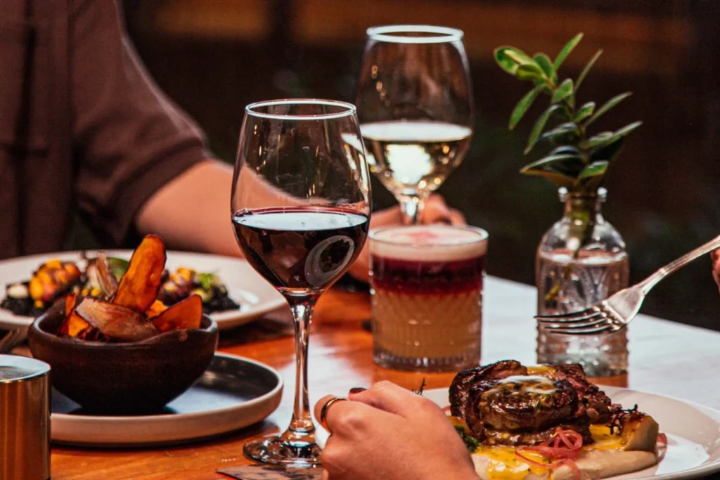 Hotel restaurant dining with wine and gourmet food