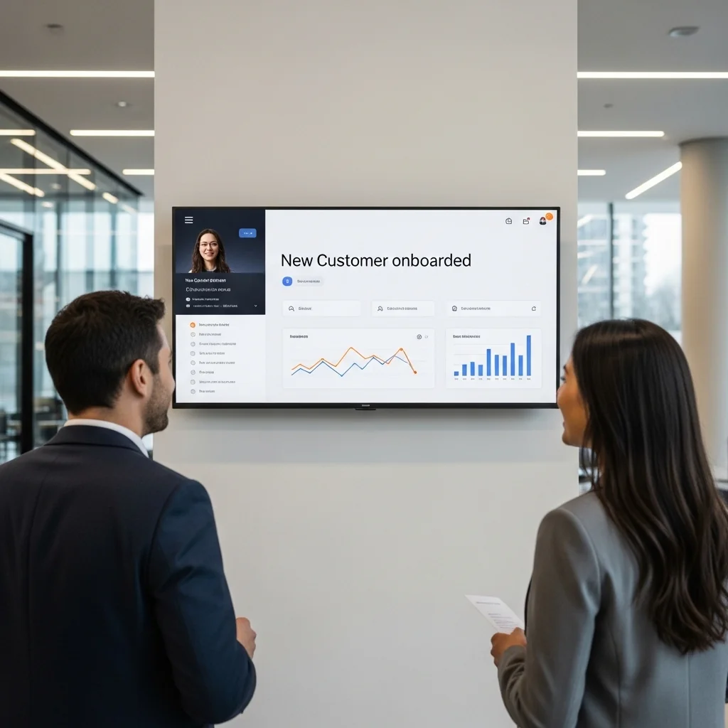 Office digital signage screen displaying business dashboard and analytics