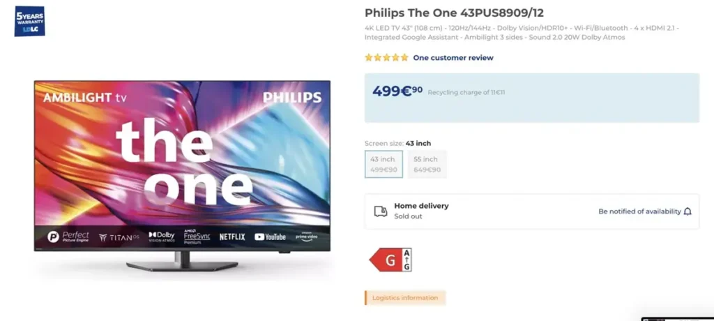 Philips The One 43PUS8909 Titan OS Smart TV product page with features and price