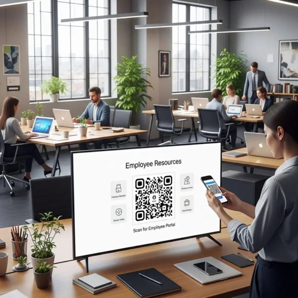QR code on digital signage screen for employee portal access in office