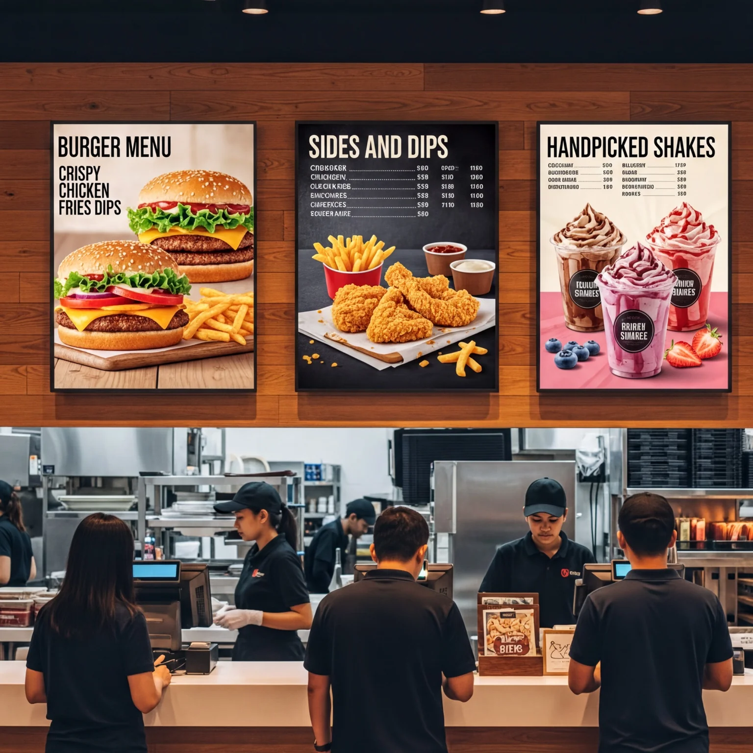 Fast food restaurant digital menu screens showing burgers fries and shakes