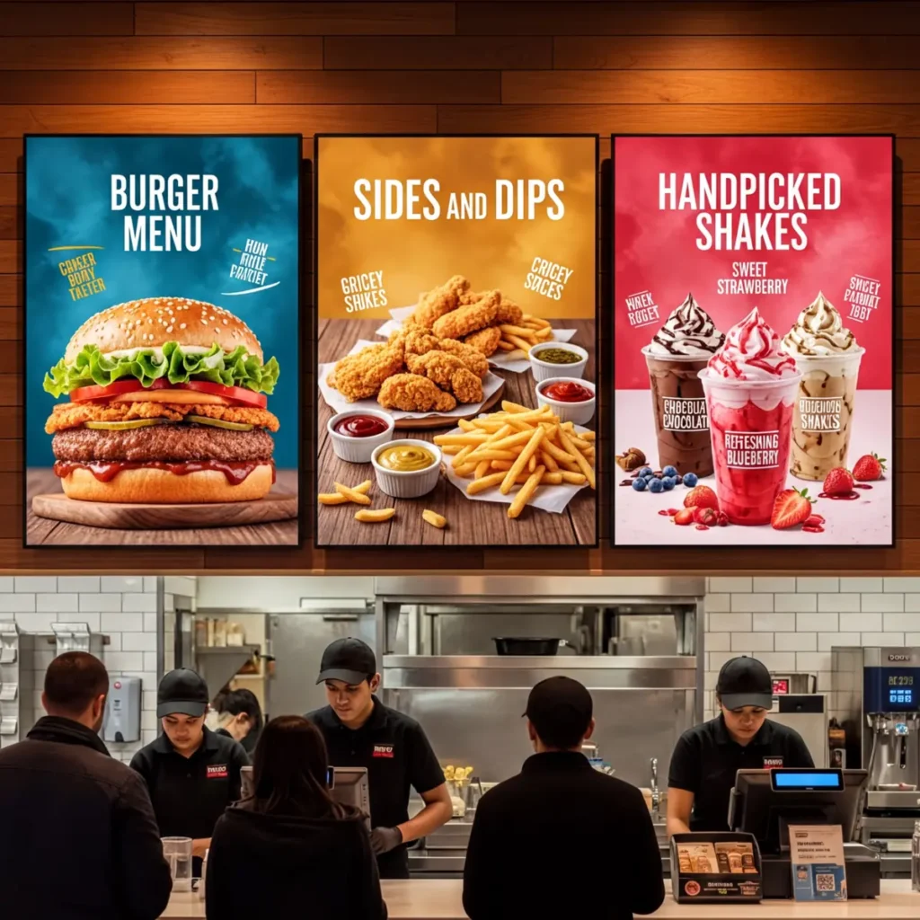 Restaurant digital signage menu boards displaying burgers sides and shakes