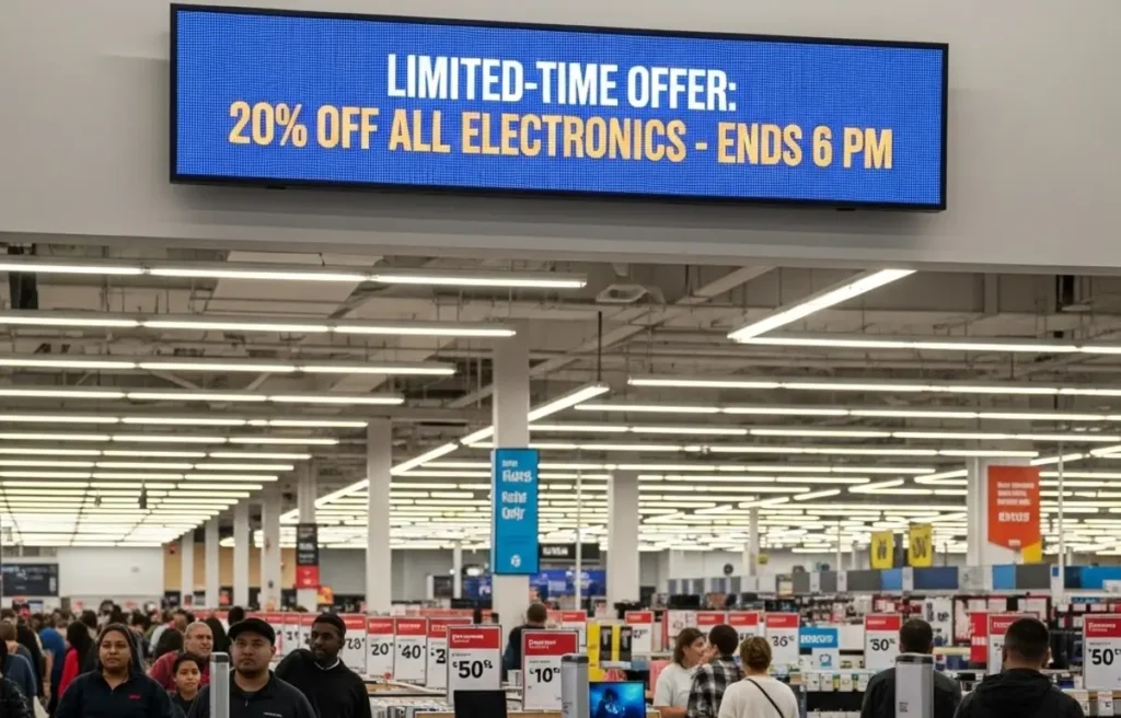 Retail digital signage banner showing limited-time electronics sale offer