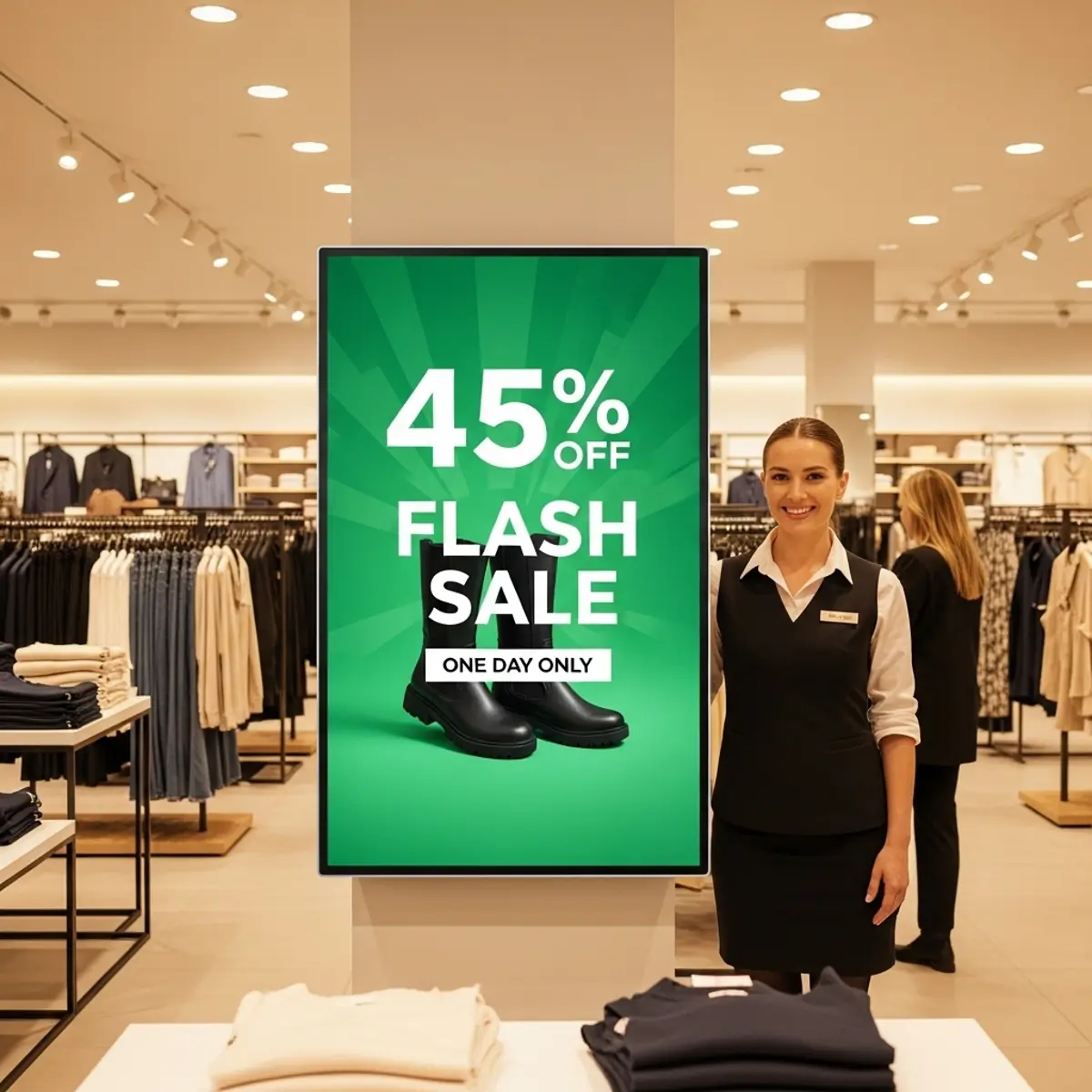 Digital signage display in retail store showing flash sale promotion with 45 percent discount