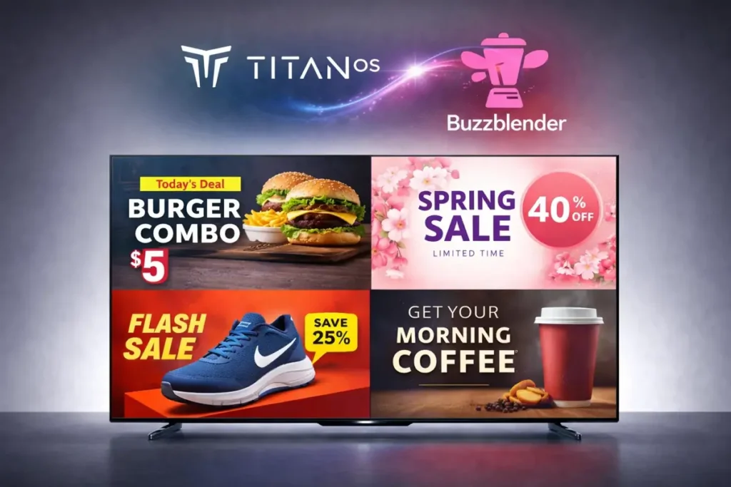 Digital signage promo screen on Titan OS TV using Buzzblender