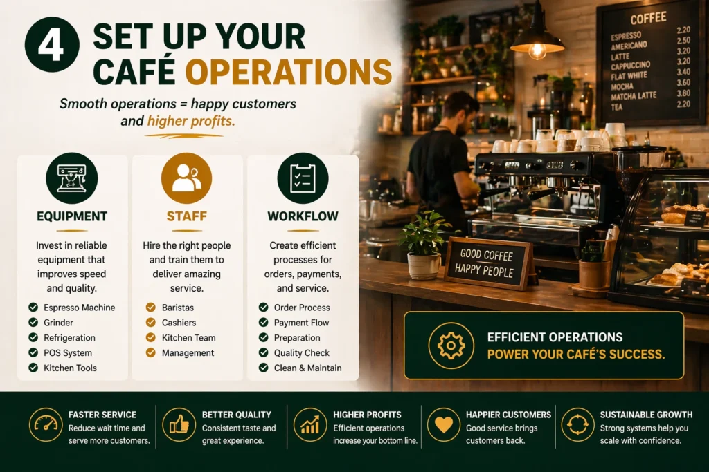 Set up café operations showing equipment, staff, and workflow for efficient coffee shop management