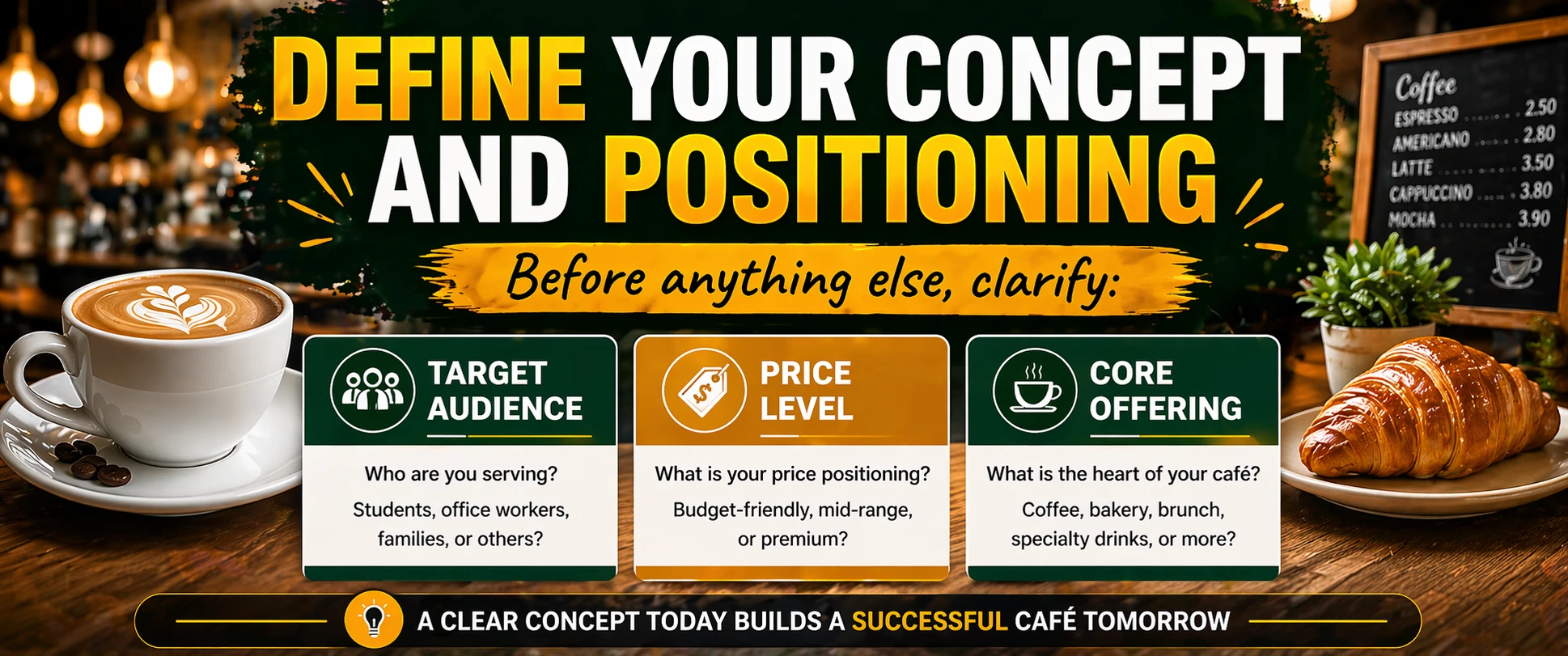 A successful café starts with a clear concept, including target audience, pricing level, and core menu offerings