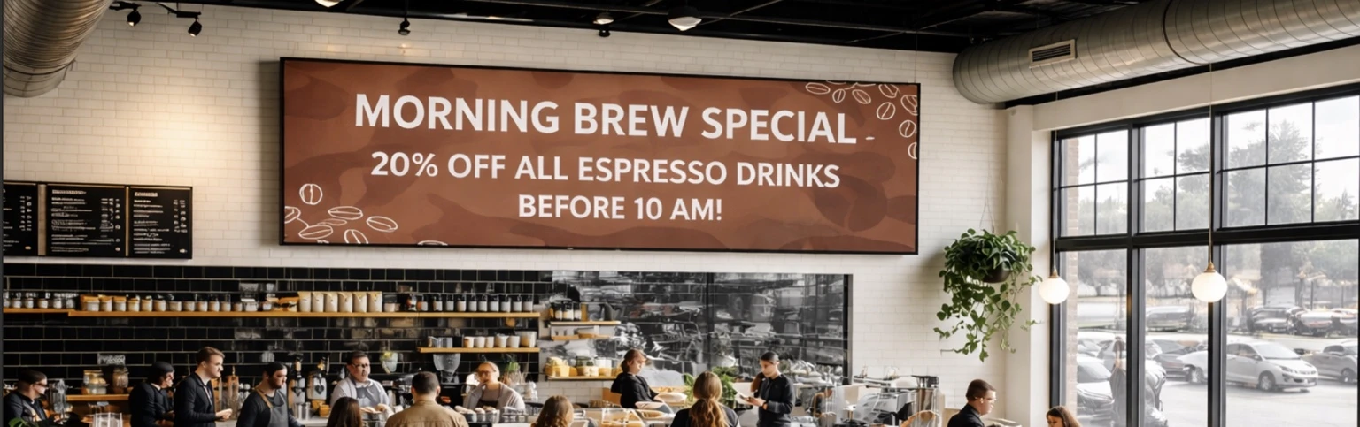 LG webOS digital signage displays in a restaurant showing menu promotions and dynamic content to customers