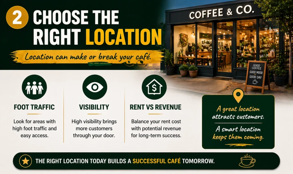 Choose the right café location showing foot traffic, visibility, and rent vs revenue factors