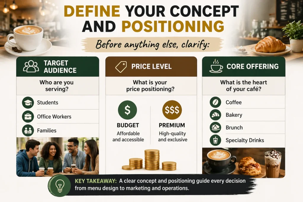 Define your café concept and positioning including target audience, pricing strategy, and core offerings like coffee and bakery