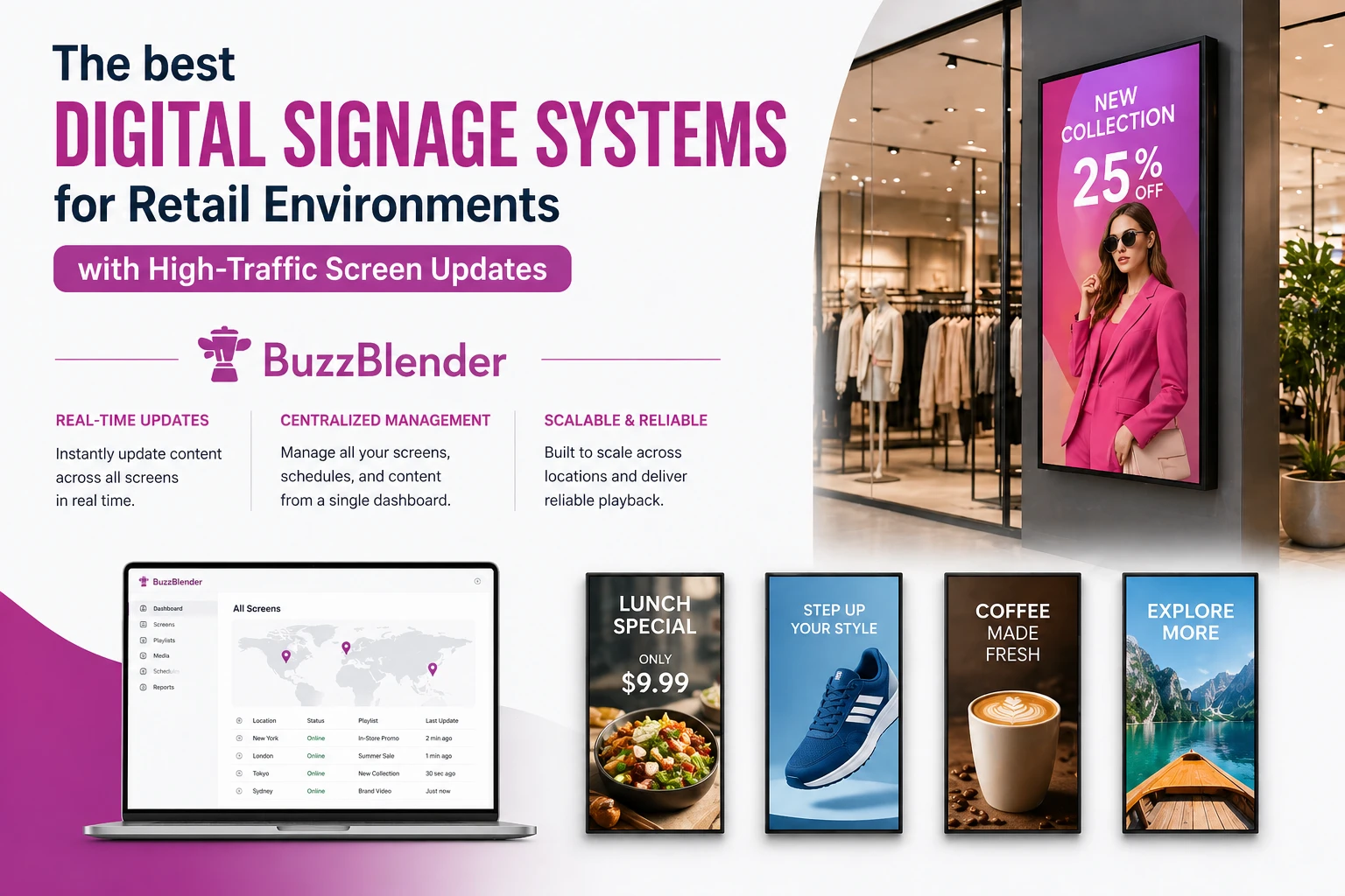Digital signage systems for retail showing multiple screens with different content, real-time updates, and centralized management powered by BuzzBlender