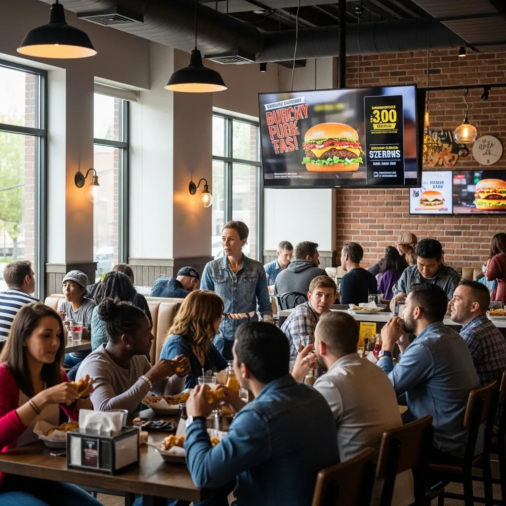 LG webOS digital signage display in a restaurant showing burger promotion on menu screens