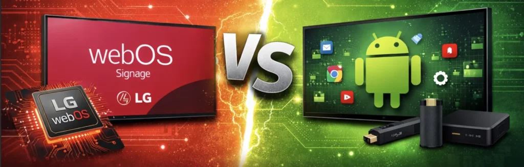 Split banner comparing LG webOS Signage on red side with Android TV devices on green side, divider in the middle with a lightning glow.