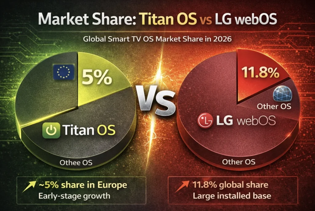 LG webOS vs Titan OS comparison showing smart TV OS market share and digital signage platform adoption