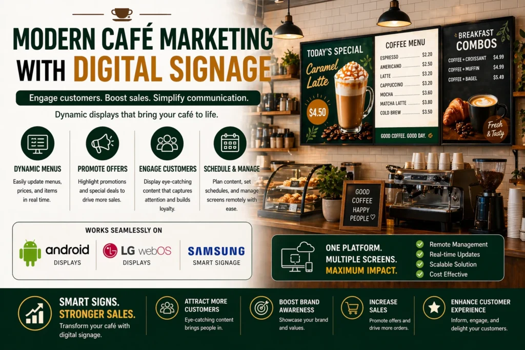 Modern café marketing using digital signage software on Android and LG webOS displays for menus and promotions