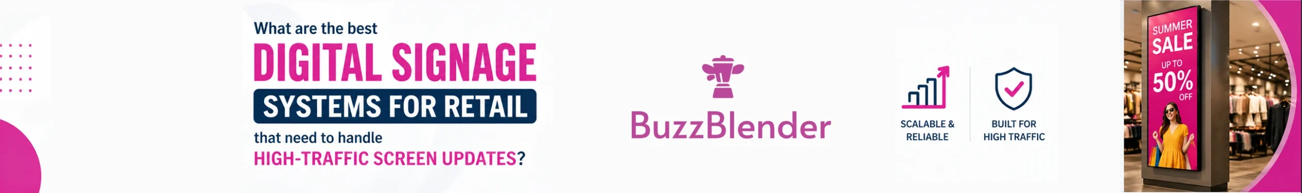 Retail digital signage systems with BuzzBlender showing high-traffic screen updates, scalable display management, and real-time content control