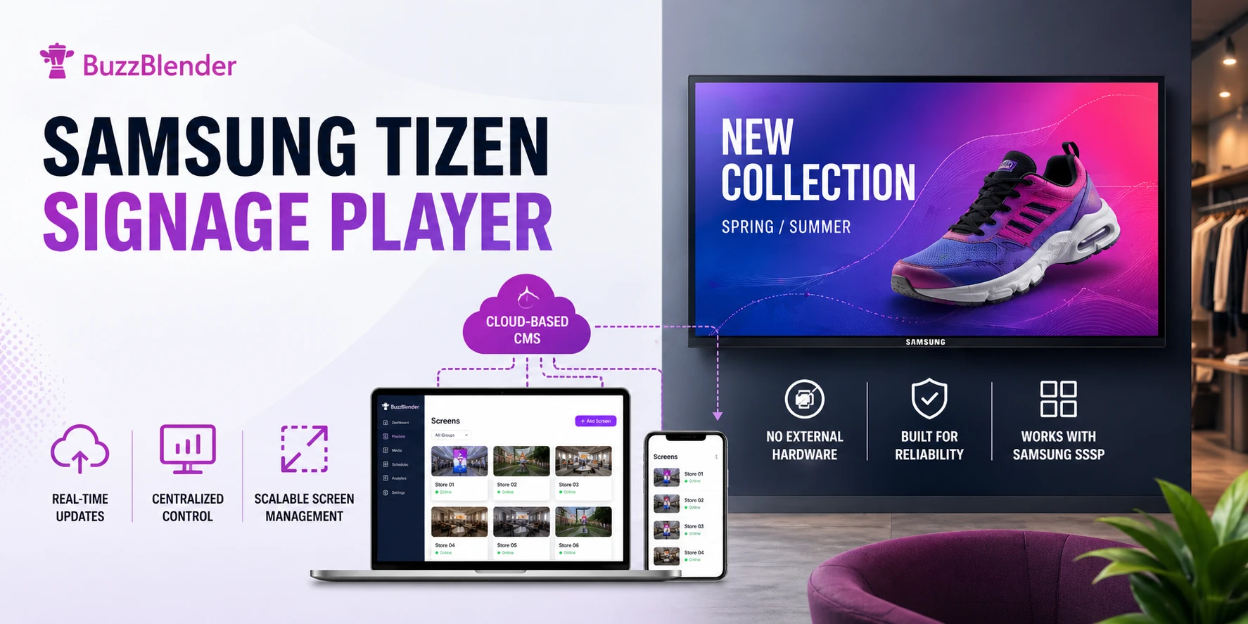 Samsung Tizen signage player with BuzzBlender showing cloud-based CMS, real-time updates, and digital signage display without external hardware