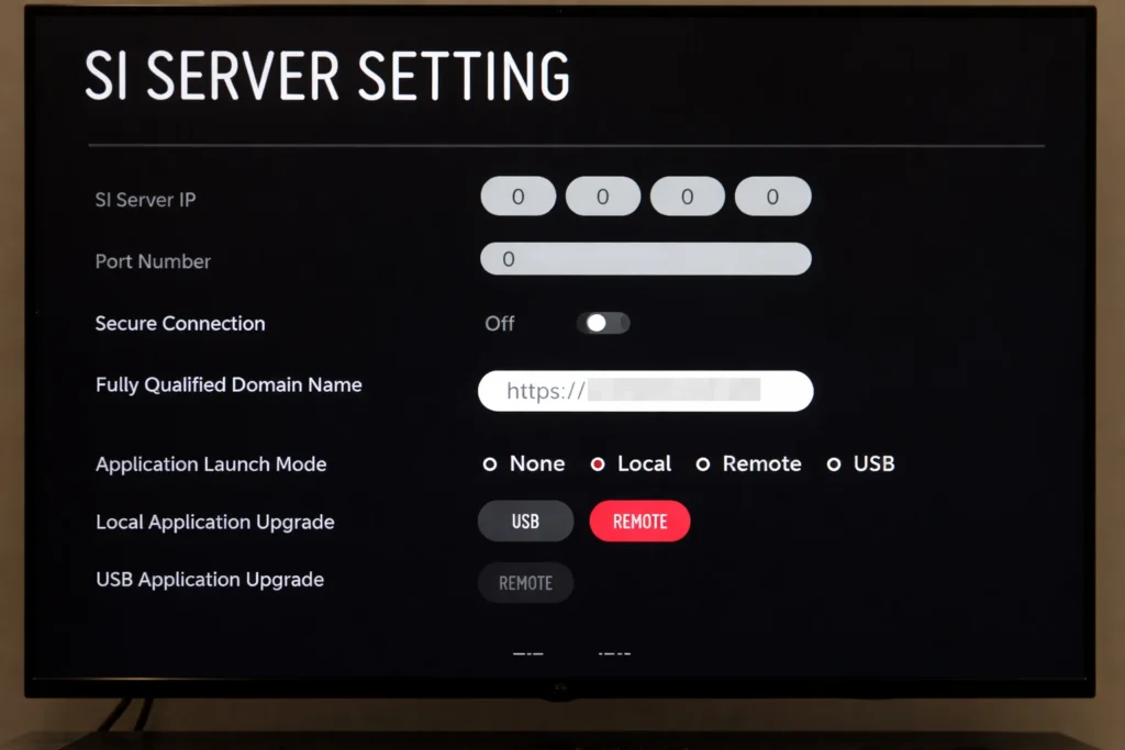SI server setting interface showing IP address, port number, secure connection and application launch options