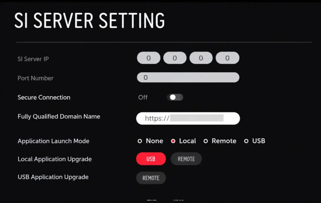 SI Server Setting UI dark mode with USB and Remote upgrade buttons interface