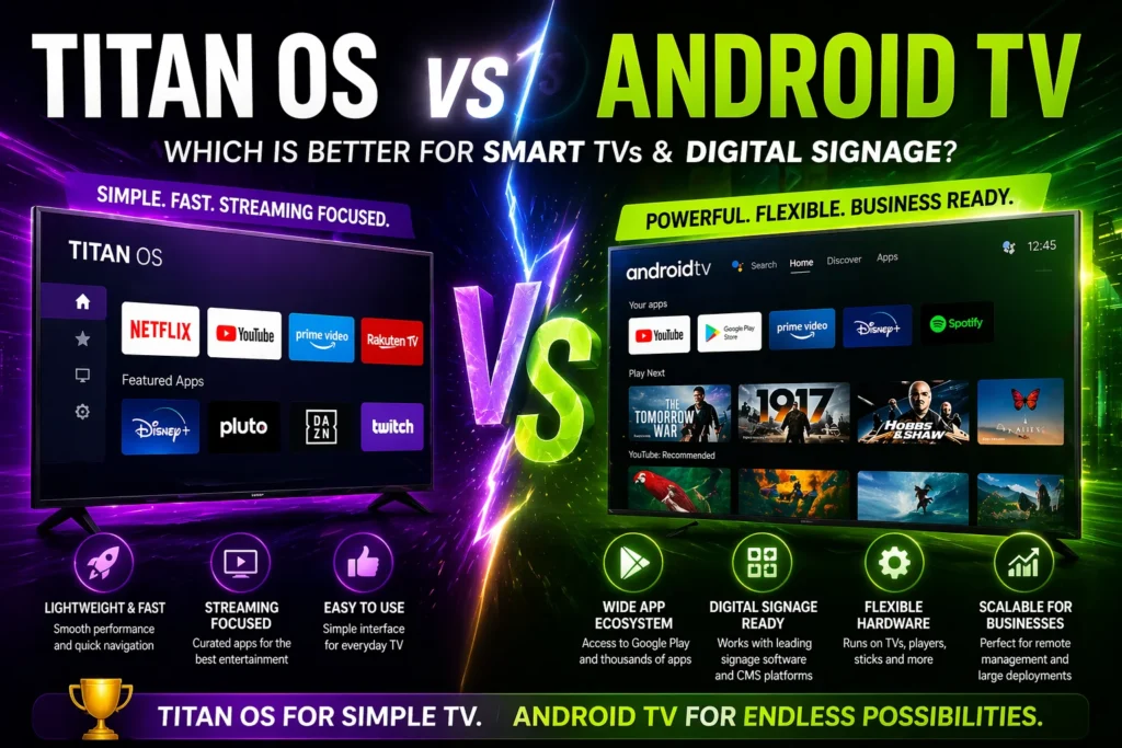 Android TV offers greater flexibility and digital signage support, while Titan OS focuses on simplicity and streaming performance