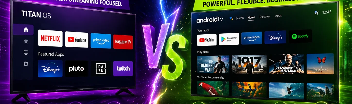 Titan OS vs Android TV comparison showing simplicity versus flexibility for digital signage and smart TVs