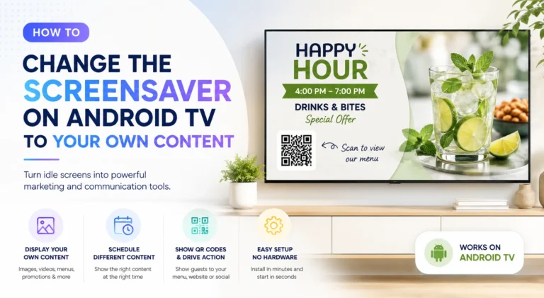 Promo banner showing how to change the screensaver on Android TV to your own content, with a TV screen displaying a QR code and a mint drink, and feature icons below.
