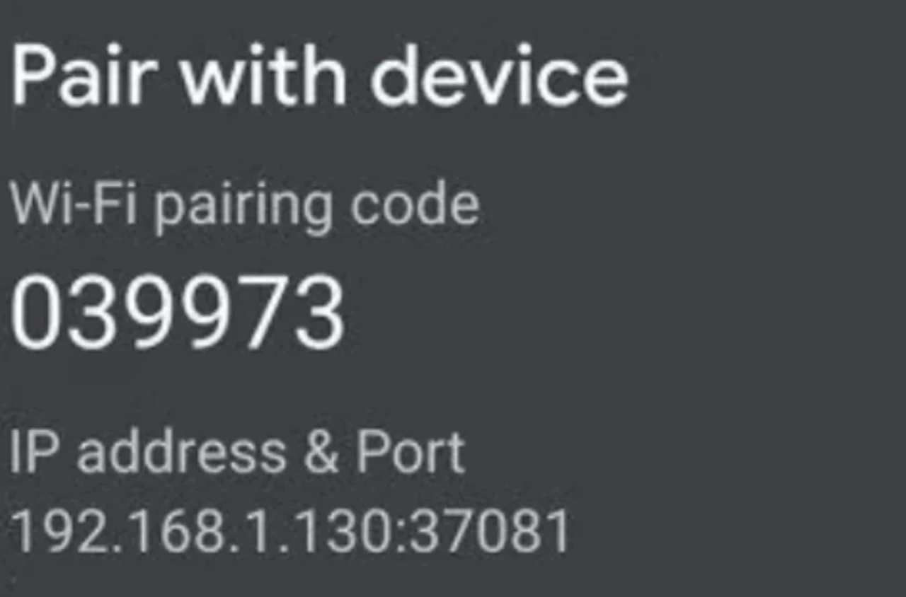 Android TV Wi-Fi pairing code screen showing IP address and port for device connection