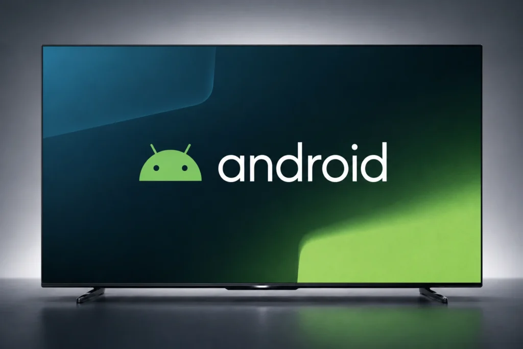 Modern smart TV displaying Android TV operating system logo on studio background